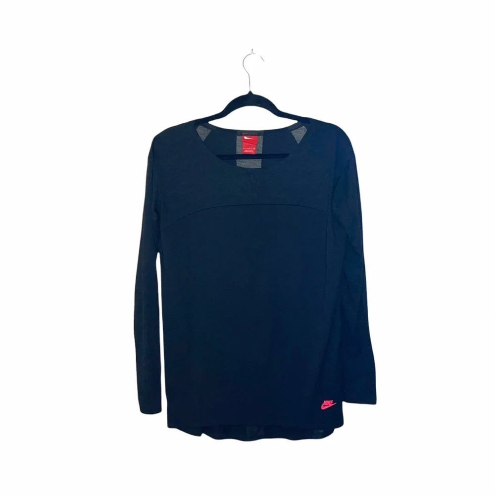 Nike Solid Black Sheer Contrast Top Crew Neck Long Sleeve Athletic Small Women’s